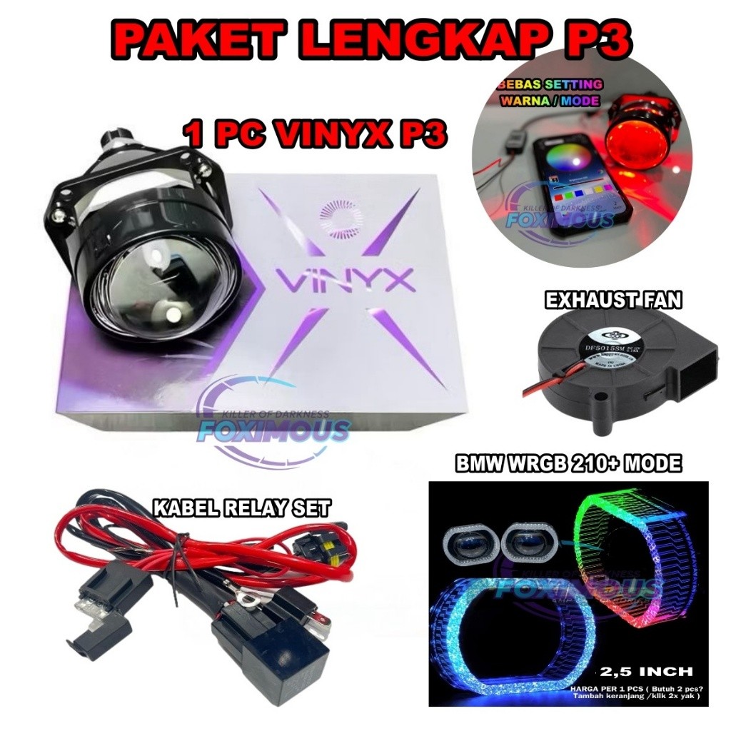 Paket Lengkap Biled Vinyx P3 2,5 inch 50 Watt 2.5 Inch Purple LENS BILED VINYX