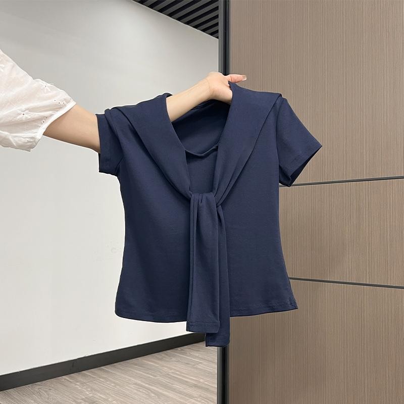 Baju Atasan Kaos Crop Shawl Collar Biru Laut Wanita Kekinian