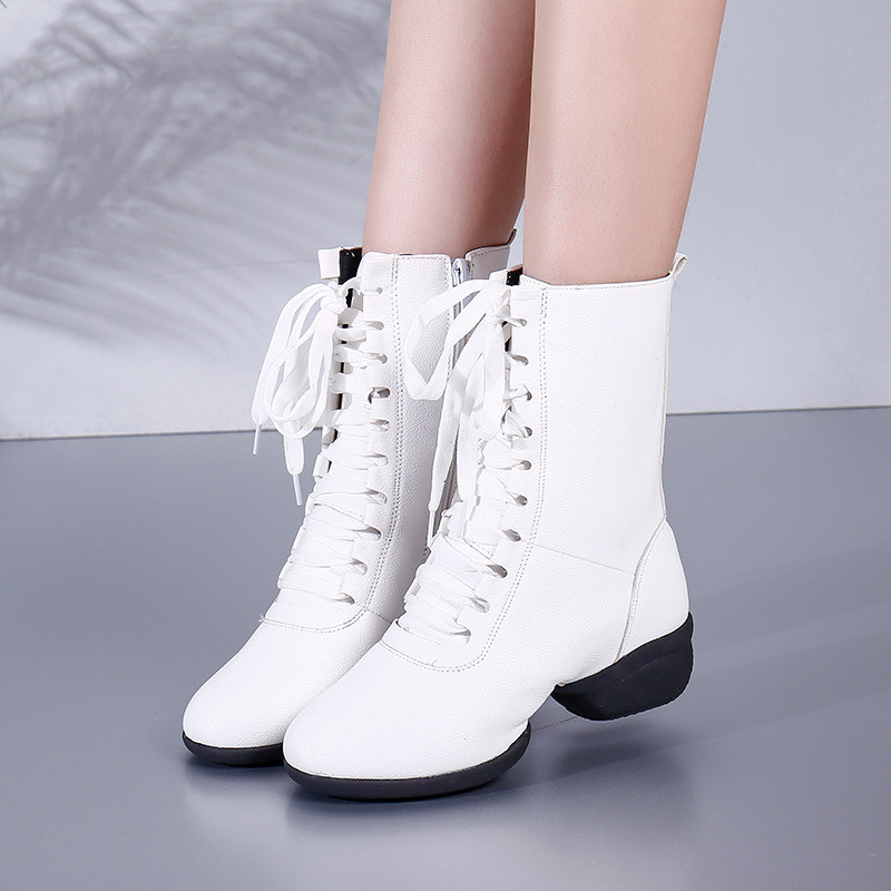 Bailunshi White Dance Shoes with Sole Mid-Calf Square Dance Boots Hollow Outdoor Sailor Dance Shoes 