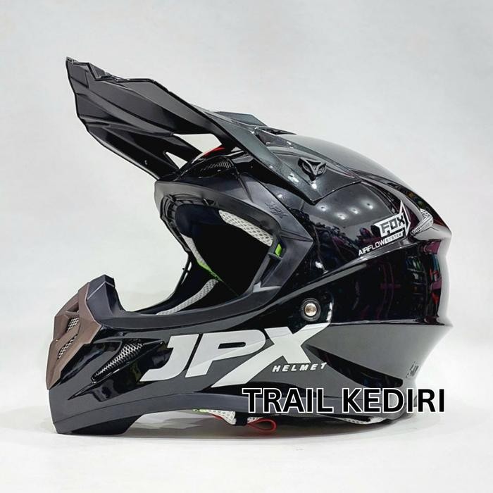 Jpx Fox1 Black Glossy Solid Helm Cross Google Trail Seratus Fox 1 - Jpx Black Helm Saja, M