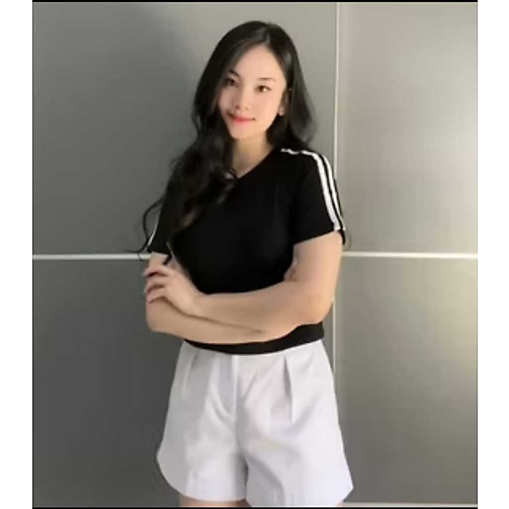 New Atasan Wanita Crop Top Two Stripe Kaos Cewek Sporty Lengan Pendek Bahan Cotton Combed 24s