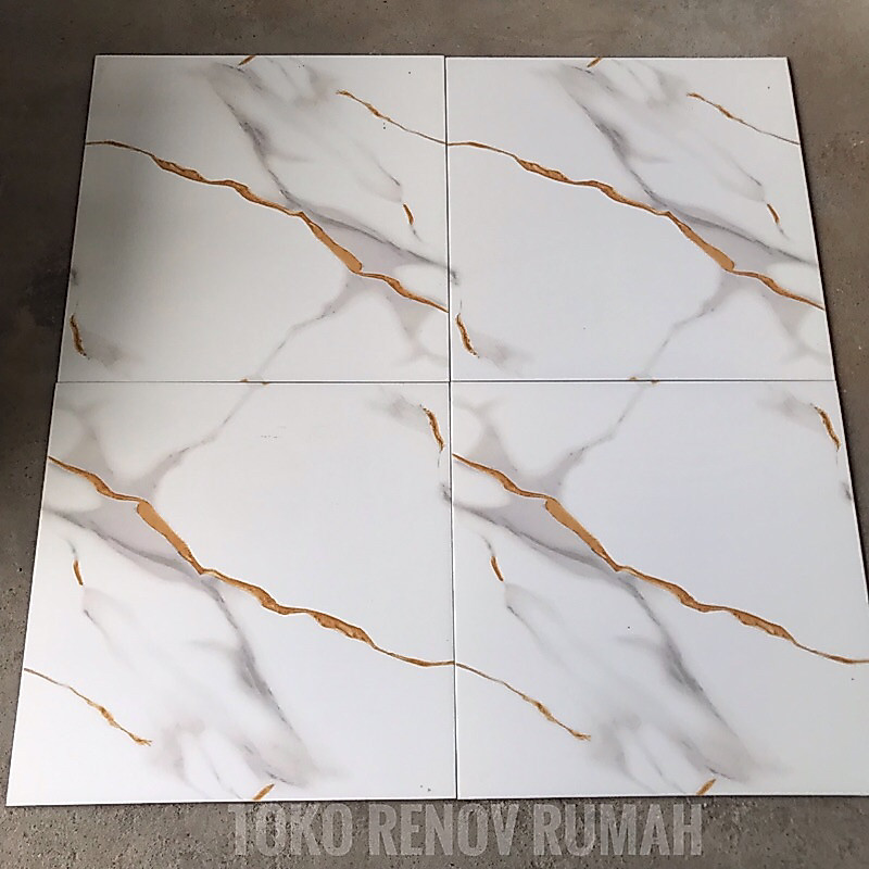 keramik 50x50 putih motif carara gold (glossy)/ keramik gold/ keramik motif gold/ keramik lantai rua