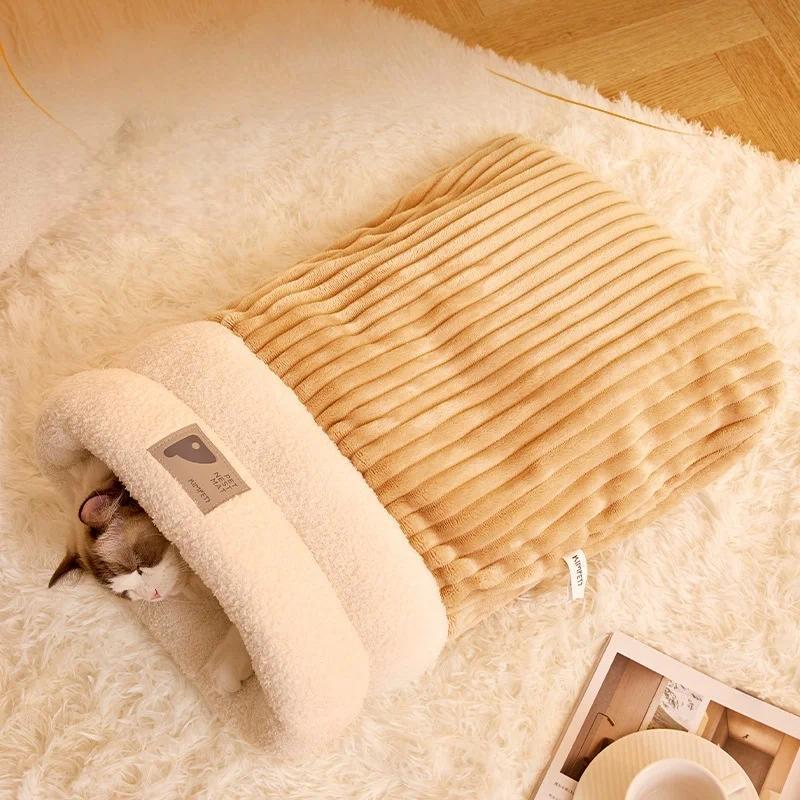 Warming Plush Cat Sleeping Bag: Enclosed Snuggle Sack with Burrow Entry for Winter - Cozy Fuzz Sleep