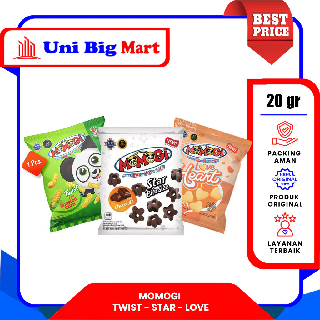 MOMOGI SNACK TWIST ROASTED CORN - LOVE HEART CHEESE - STAR CHOCOLATE - 20 gr