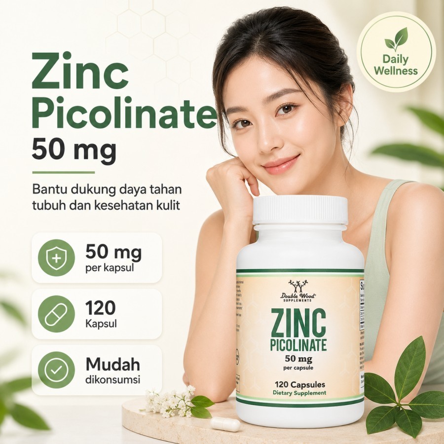Double Wood Zinc Picolinate 120 Kapsul Suplemen Zinc 50mg Untuk Imun Tubuh Kulit Sehat Jerawat Pria 