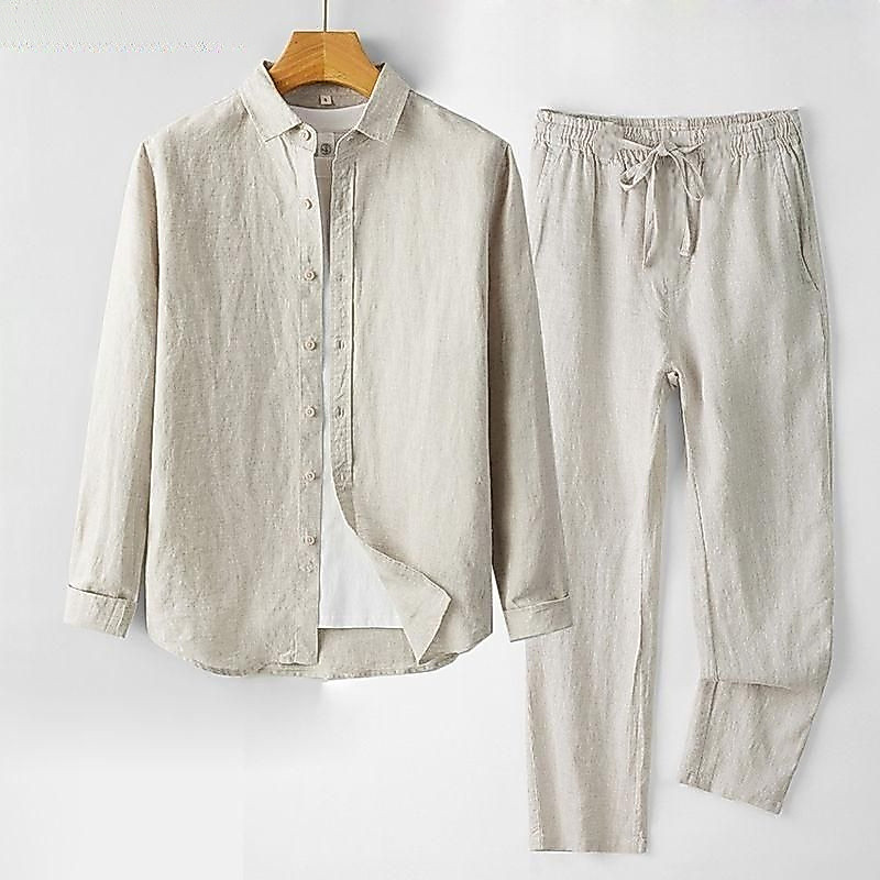 Setelan linen mewah untuk pria, set dua potong, kemeja lengan panjang katun-linen ringan