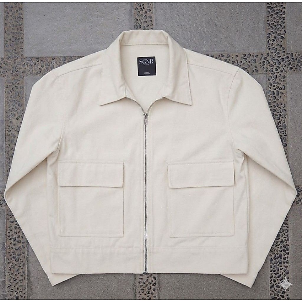 Boxy Blouson Jacket - Crop Boxy Work Jacket with Double Big Pocket (Broken White/Off-White)