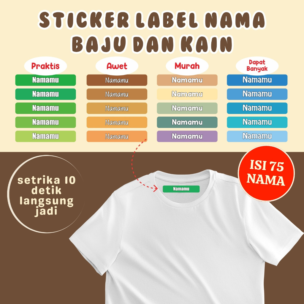 

Sticker Label Nama Kain Baju 75 PCS Kaos Sablon Cukup Setrika Custom Tulisan DTF Sehari Jadi