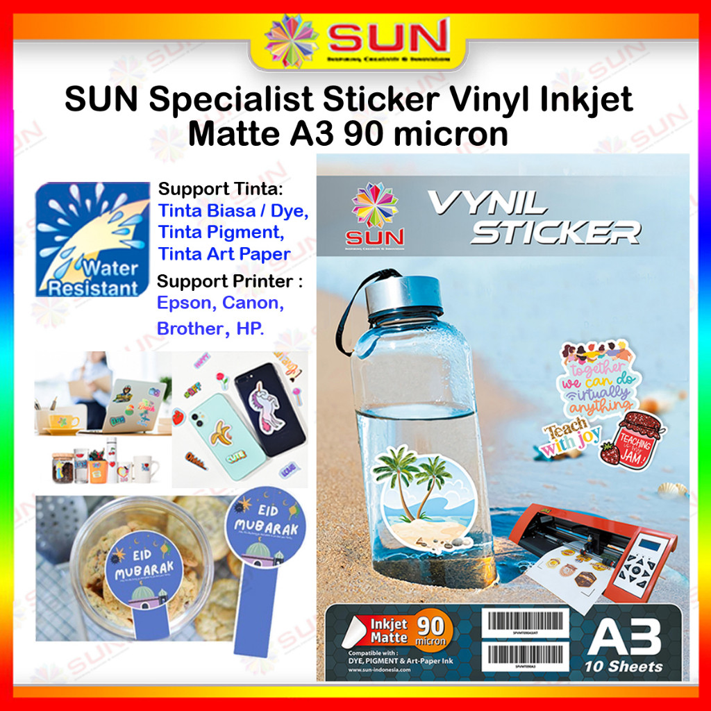 

Sticker Vinyl Inkjet Anti Air A3 - Kertas SUN Sticker Vinyl Inkjet Matte 90 micron A3 Waterproof Anti Air isi 10 lembar epson/canon/hp/brother ori/dye/pigment/art paper ink - 664, 003, 673, 790, 810, BT5000, GT51 52