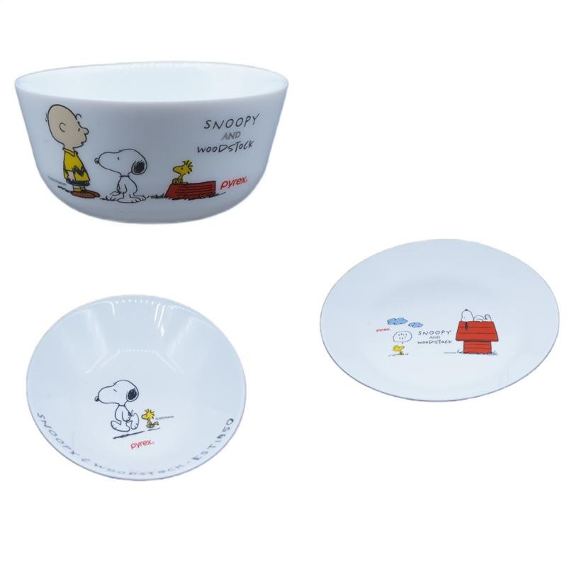 Pyrex Snoopy Peanuts Friends Set 3pcs Milkglass Salad Plate Dinner Plate Rice Bowl Piring Mangkok Ma