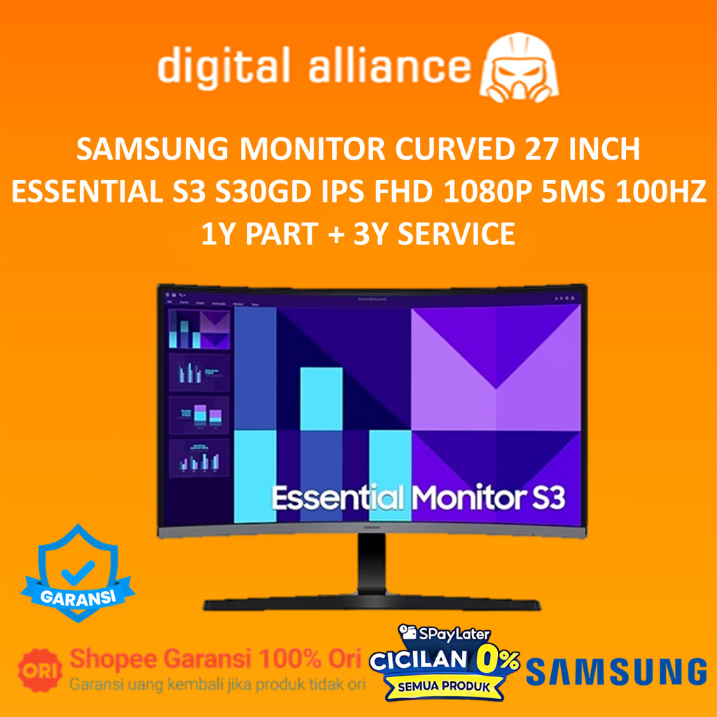 SAMSUNG MONITOR CURVED 27 INCH ESSENTIAL S3 S30GD IPS FHD 1080P 5MS 100HZ 1Y PART + 3Y SERVICE - LS2