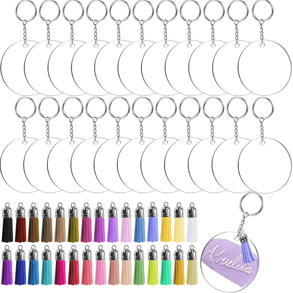 

40Pcs Acrylic Ornaments Acrylic Key-ain DIY Set Including Clear Acrylic Circle Discs with Hole Key -ain Ring and Tassel