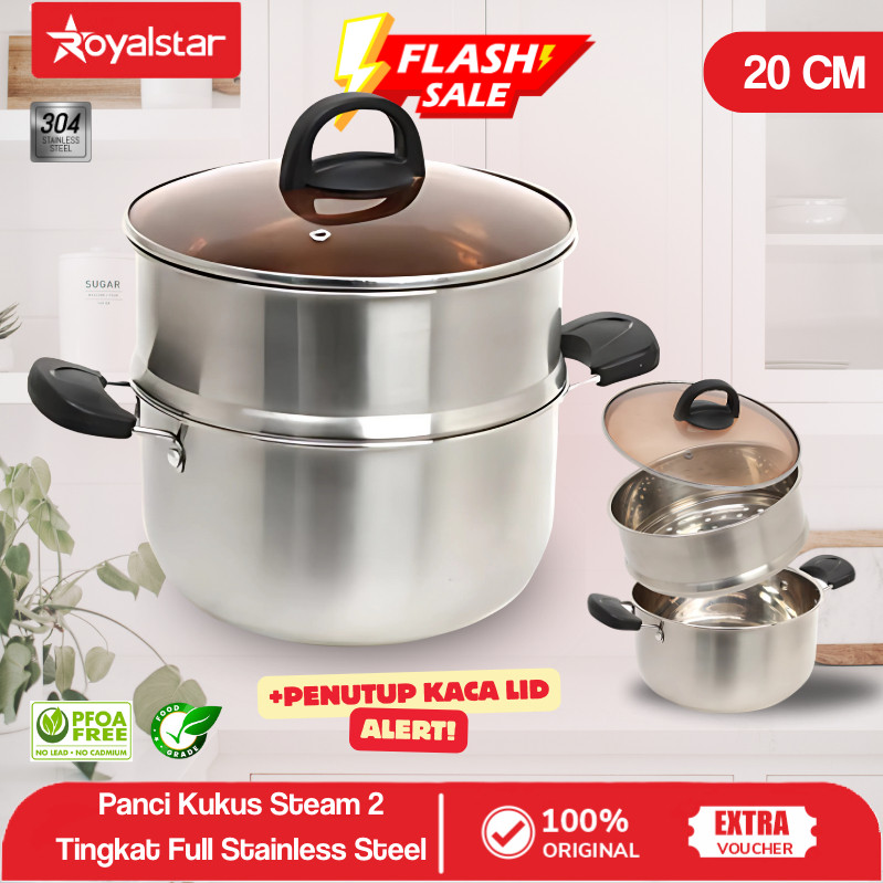Royalstar Panci Sup dan Panci Kuah Stainless Steel Panci Steam Kukus Tutupan Kaca