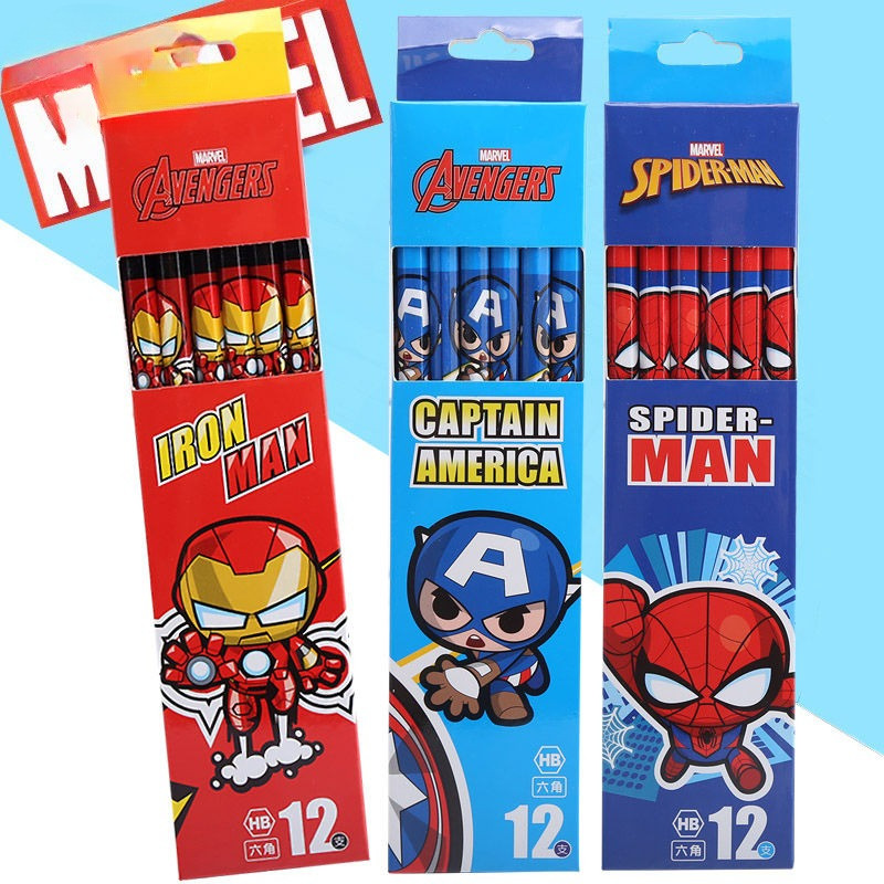 

Cartoon Marvel Pencil Avengers Spider-Man Iron Man Captain America Anime Student Box Children's Pencil with Eraser Head Gift