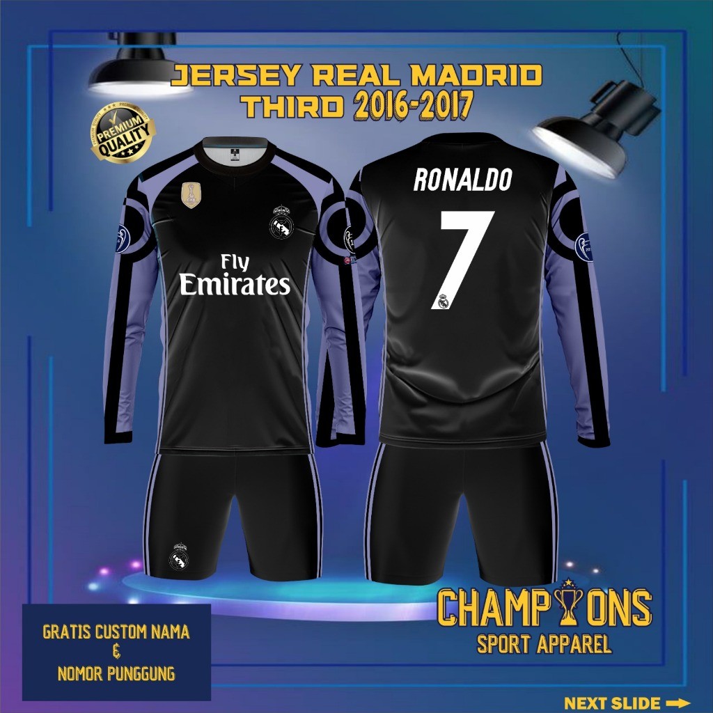 Jersey Sepak bola custom REAL MADRID THIRD 2016-2017 Lengan Panjang – Full Printing Dryfit Milano | 