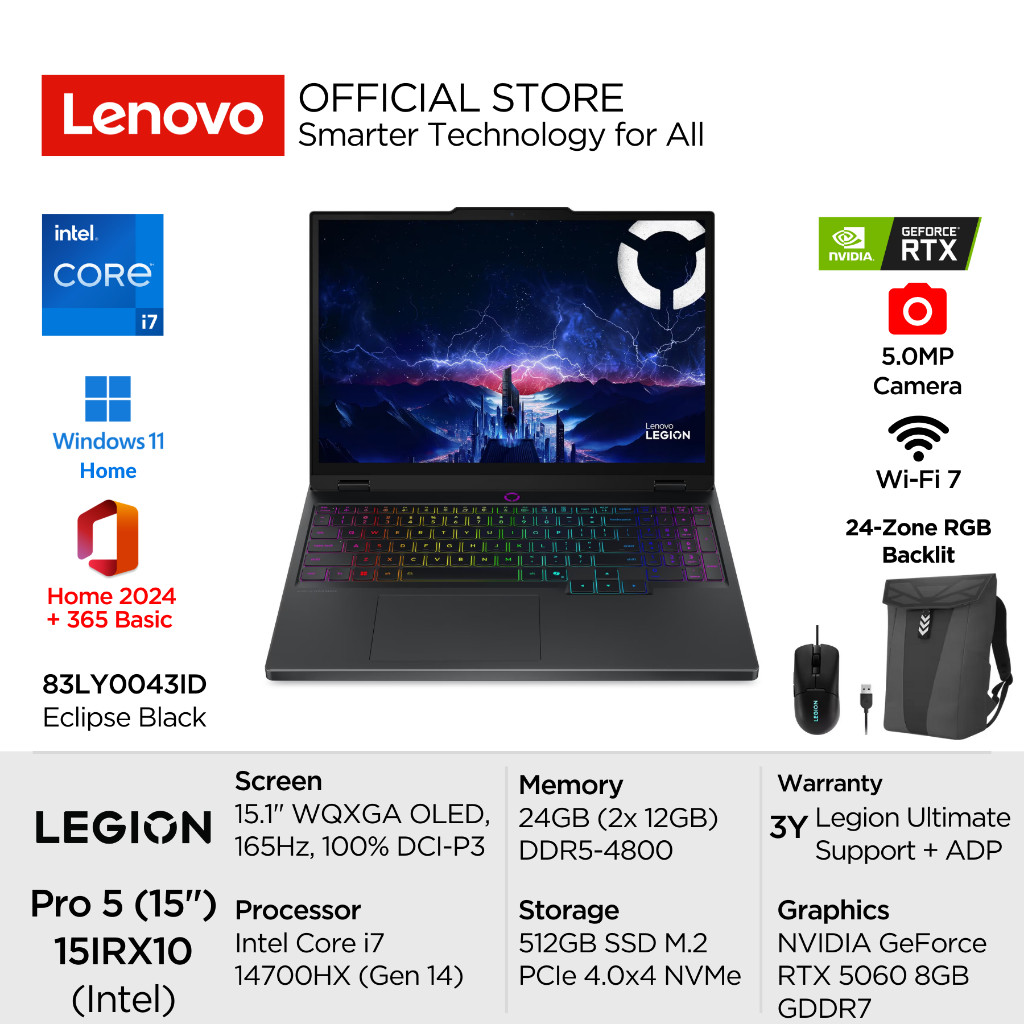Lenovo Legion 5i 15IRX10 43ID Intel Core i7 147000HX Win11 24GB 512GB SSD NVIDIA RTX 5060 8GB 15.1" 