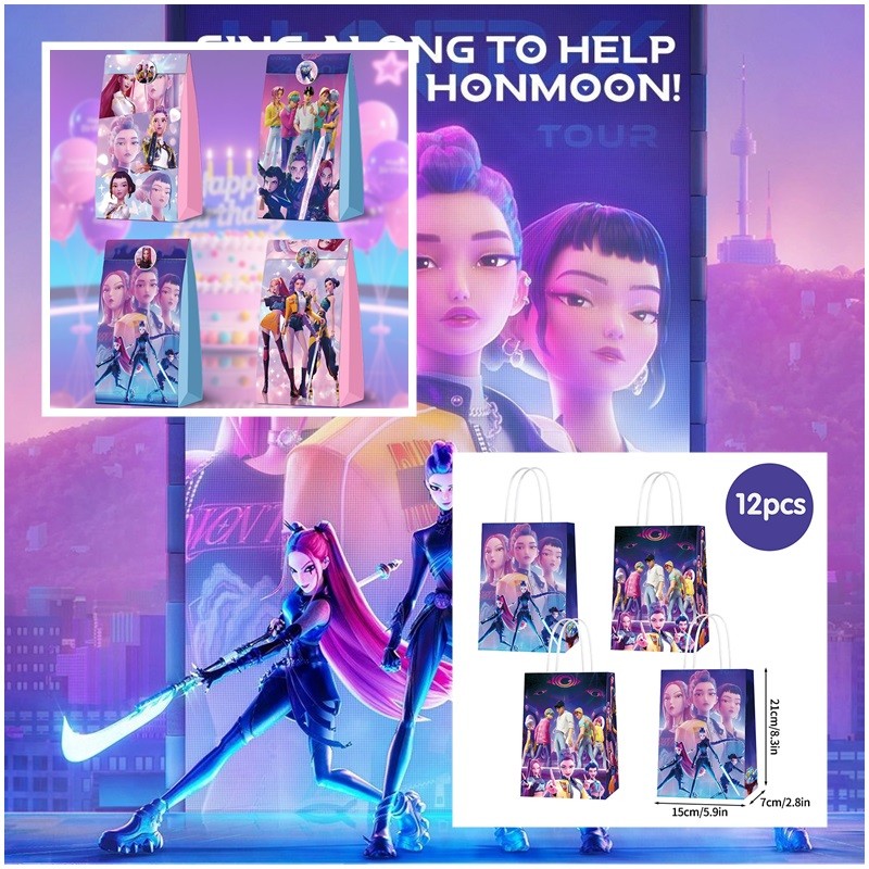 

1/12PCS Demon Hunters Packaging Bag Kpop Kraft Paper Handbag for Anime Kpop Demon Hunters Theme Party Fans Gifts Bag with Handle