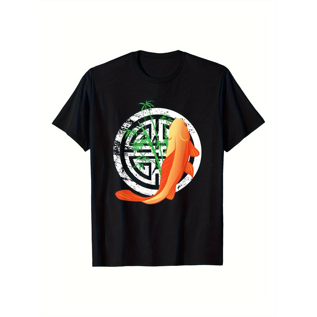 Kaos Pria Hitam Ikan Koi - Baju Yoga Santai Katun | Kaos Pria Keren