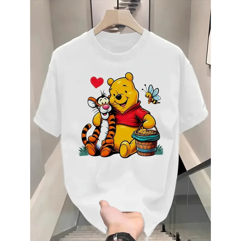 Pakaian jalanan Kaos Pasangan Lucu Kartun Disney Pooh Bear Tigger Unisex Pria Musim Panas Wanita Tee