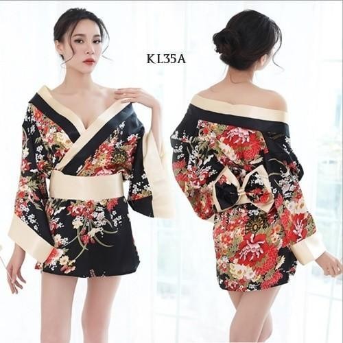 One Set Lingerie Wanita Sleepwear Kimono Satin Hitam Motif Bunga KL35A