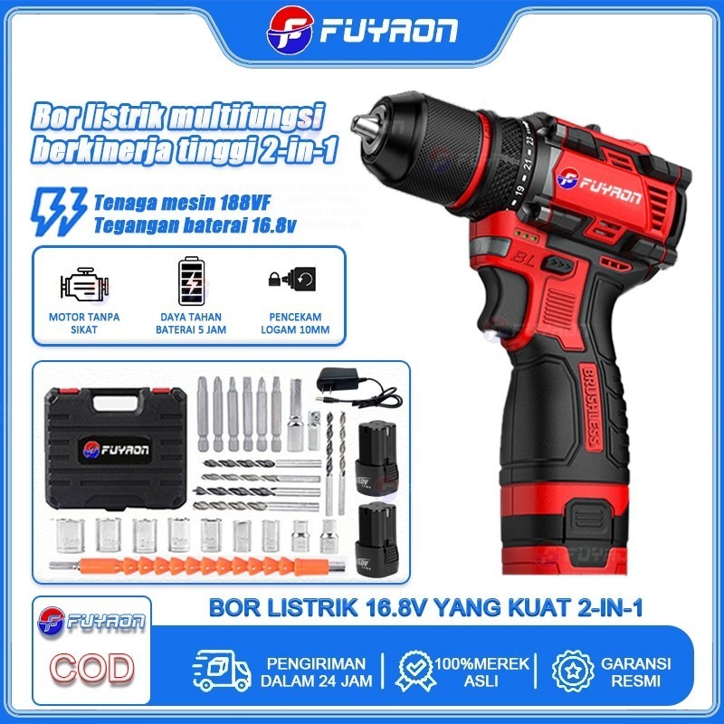Bor Cordless 16.8V Heavy Duty FUYAON Bor Listrik Motor Tanpa Sikat 2-In-1, Bor Listrik 16.8V Motor T