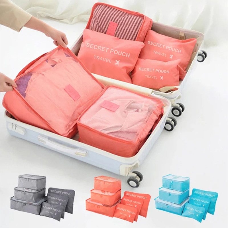6Pcs Luggage Travel Bags Underwear Shoes Storage Bag Oxford Waterproof Cloth Suitcase Pouch Cube Red