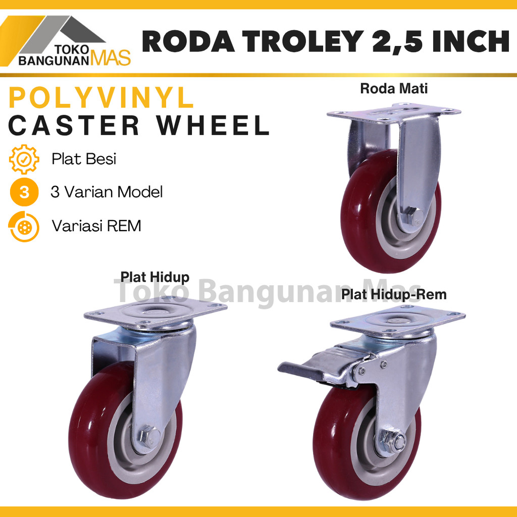Roda Troli 2,5 inch Biru-Anti slip Roda Caster PVC Trolley 2,5 inch Hidup / Mati / Rem