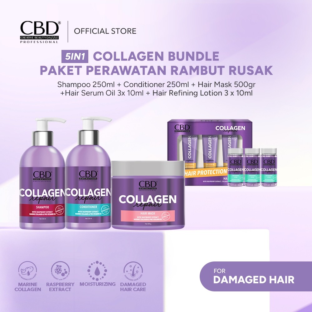 CBD Collagen [UNGU] PAKET 5IN1 [Shampoo + Conditioner + Hair Mask 500g + Hair Serum Oil 3pcs + Hair 