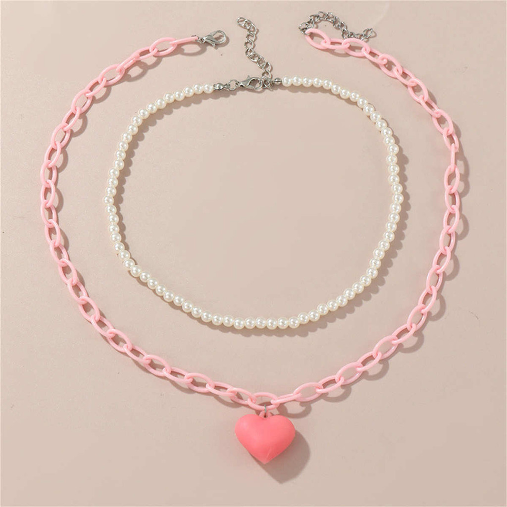 2Pcs Y2k Love Heart Necklace for Girls Cute and Sweet Pink Love Imitation Pearl Handmade Beaded Chil