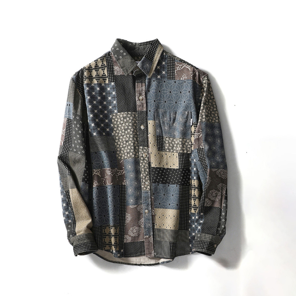Kemeja cetak lengan panjang longgar kasual retro kotak-kotak pria jaket kemeja.