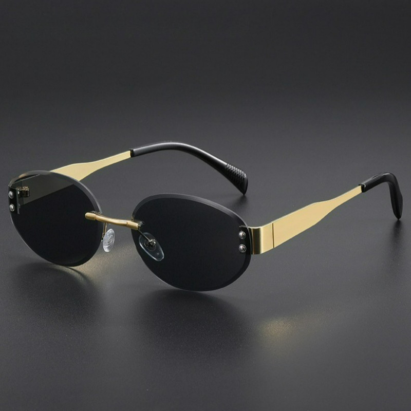 Kacamata Hitam Rimless Oval Retro Wanita Pria Y2K Logam Bingkai Kecil Fashion
