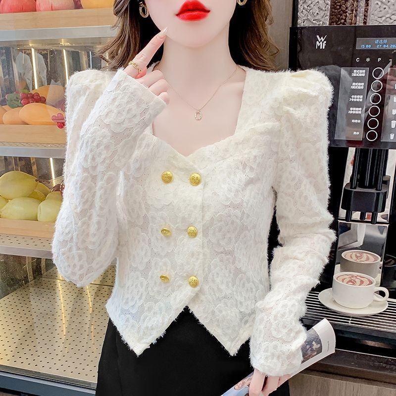 Blus Atasan Wanita Vintage Tidak Teratur Elegan Bordir Lengan Puff Renda Baru