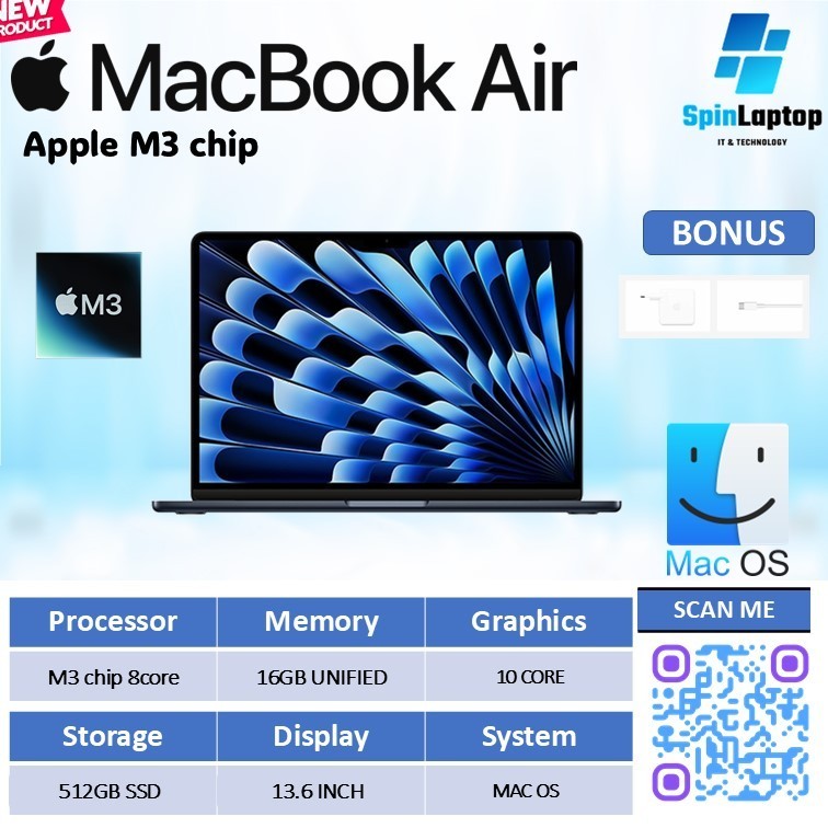 Ibox macbook air 2024 M3 10C GPU Ram 24gb ssd 512gb Layar 13.6 inch Segel box Resmi