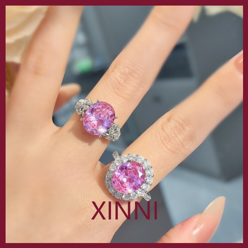 XINNI Cincin Berlian Pink Telur Merpati Klasik Fashionable Dua Warna Mewah Ringan Sederhana Serbagun
