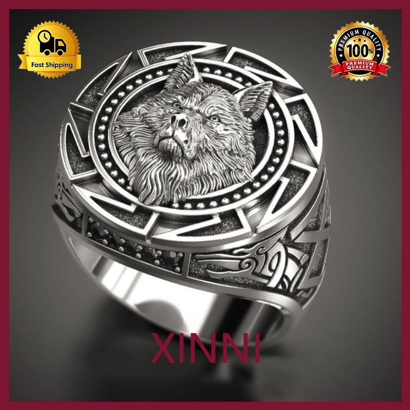XINNI Cincin Perak Thailand Totem Serigala Retro yang Laris Dijual Cincin Pria Kepala Serigala Mitol