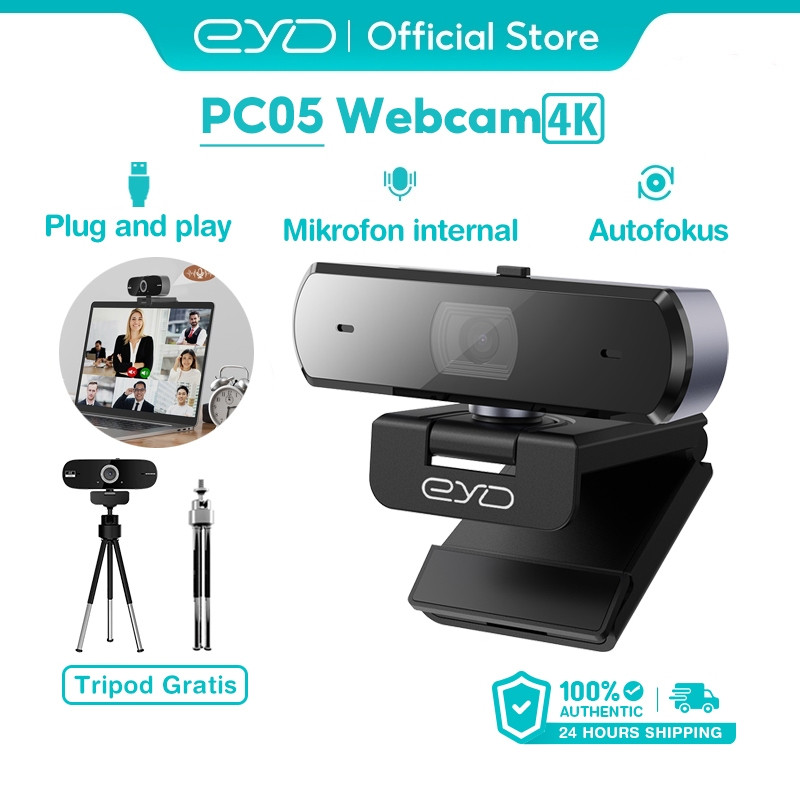 EYD Webcam 4K 2K 30fps / 1080P 60fps Autofokus Mikrofon Internal Penutup Privasi Lensa Rotasi 360° +