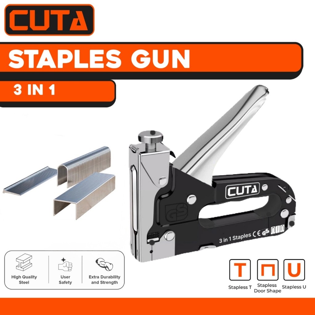 NEW CUTA Staples Gun 3 in 1 Chromium Staples Tembak Hekter Tembak Gun Tracker Jok Motor Kayu besi