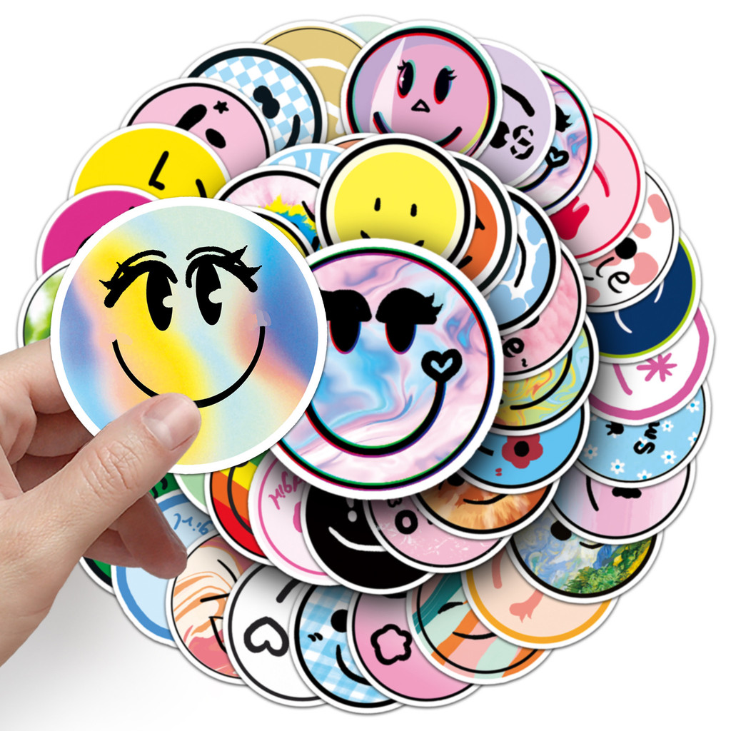

50pcs Smiling Face Graffiti Sticker Multiple Styles Children Diy Skateboard Water Cup Luggage Sticker Toys Nursery Decor Prizes