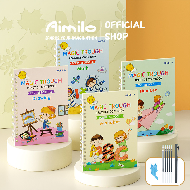 

Aimilo Magic Practice Book 4in1 Set Latihan Menulis Anak Tk Termasuk Menggambar/Angka/Matematika/Alfabet