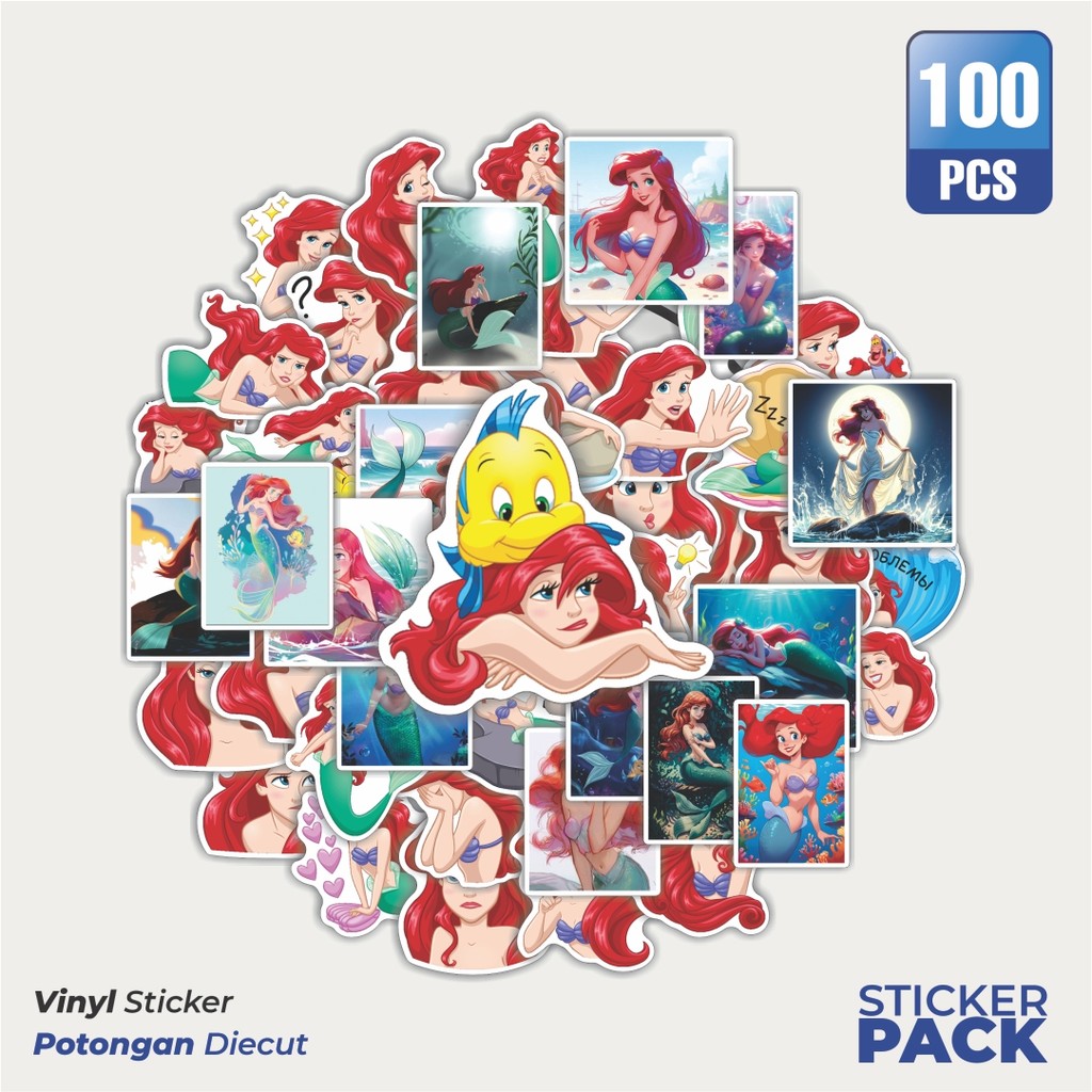 

Super Hemat! 100 PCS Stiker Princess Ariel the Mermaid Waterproof Aesthetic- Untuk Laptop, Motor, dan Helm - Paper Stationery Pack