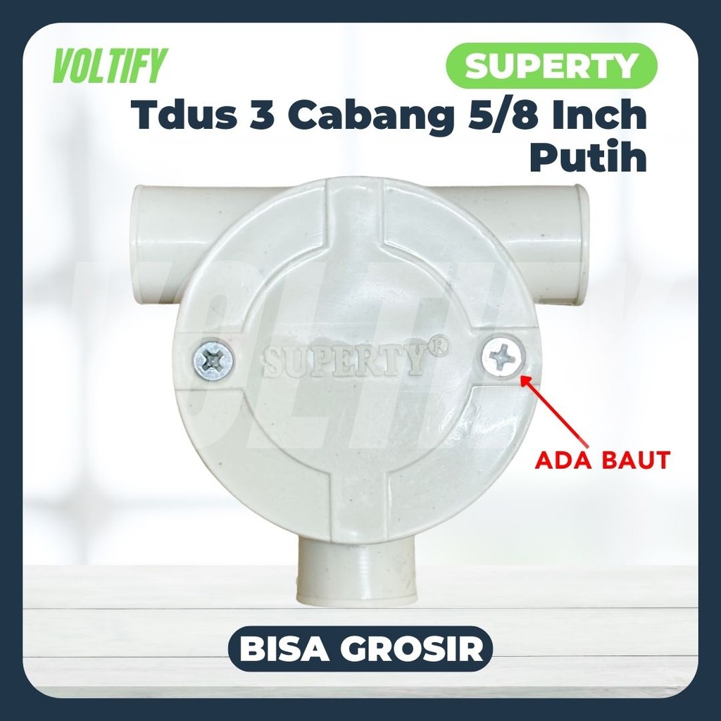 (Voltify) T Dus 5/8 Inch Putih 3 Cabang Baut Kotak Sambungan Pipa Listrik