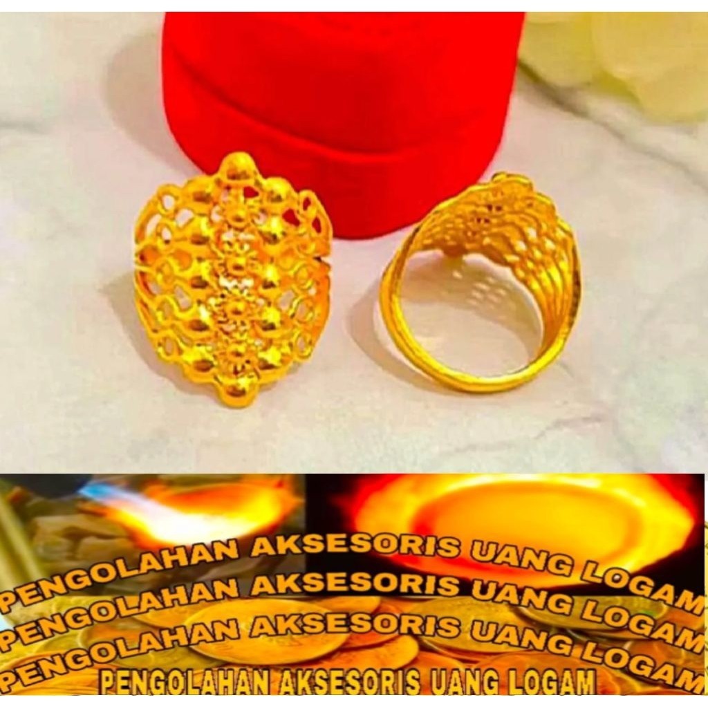 cincin Dubai wanita dewasa motif Borobudur mewah Elegan Asli bahan koin logam Ori Lapis Emas Anti ka