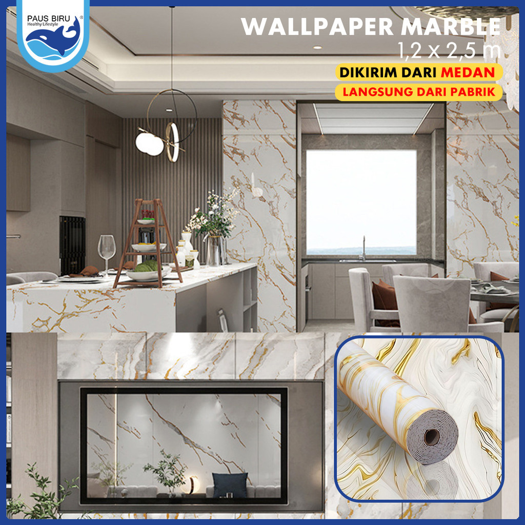 Paus Biru - Wallpaper dinding Vinyl Marble 1.2 x 2.8 Meter Wallpaper Foam Granit Marbel Tebal Roll A