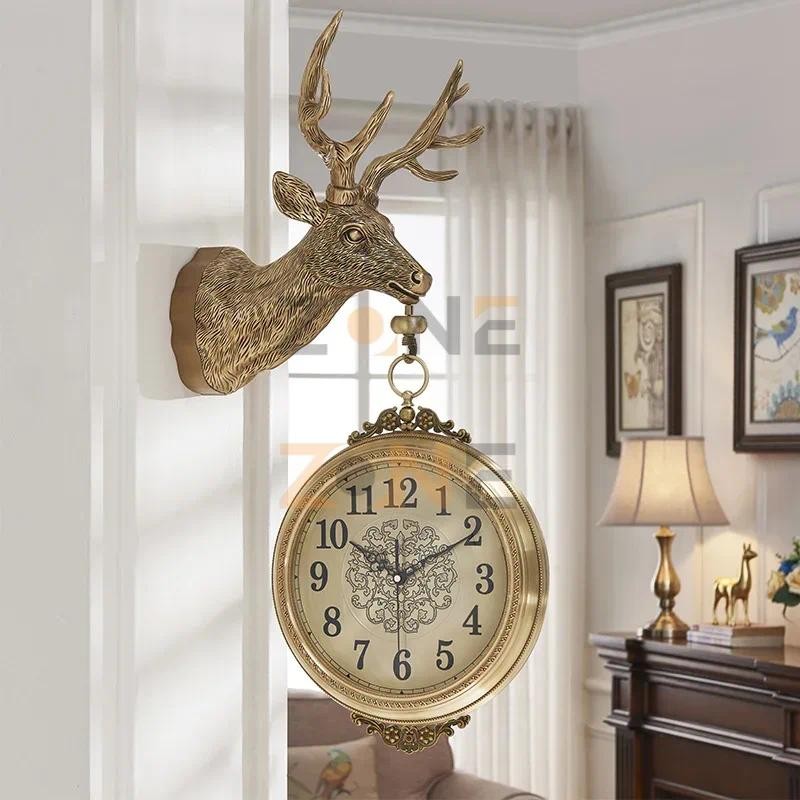 Jam Dinding Gantung Model Rusa Jam Dua Sisi Dial Logam Retro Deer Head Double-Sided Hanging Clock Me