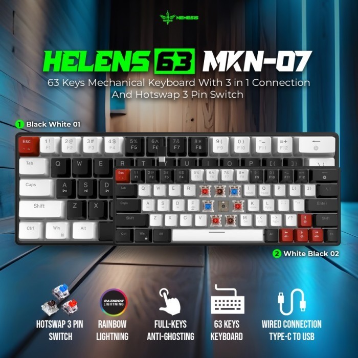 NYK Helens63 MKN07 MKN-07 WIred Mechanical Keyboard Removable 63 Keys Helens 63