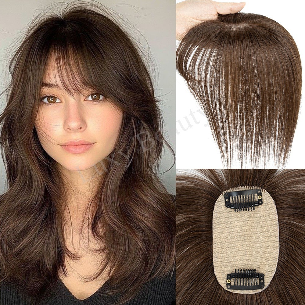 Brown Human Hair Topper With Bangs Women 5x9cm Natural Black Highlights Blonde Skin Scalp Clip in To