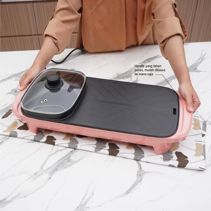 HOT POT + GRILL CYPRUZ BBQ Electric Hot Pot Shabu Suki Grill hotpot 2 in 1 Garansi 1th - Merah Muda