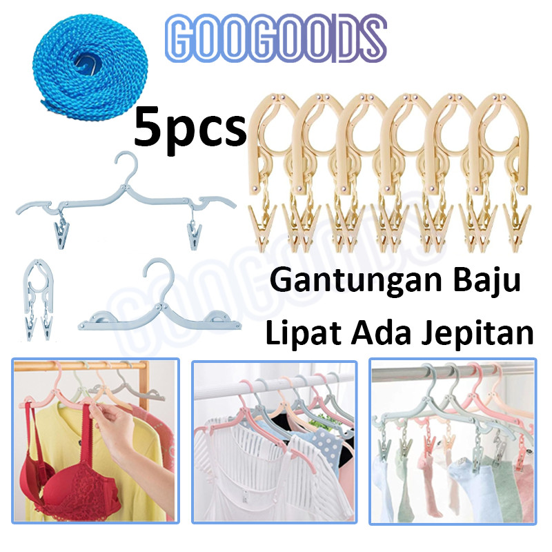 GG 5pcs Hanger Lipat Travel Gantungan Baju Portable Umroh - Model 2in1 dengan Jepitan, Bahan Plastik