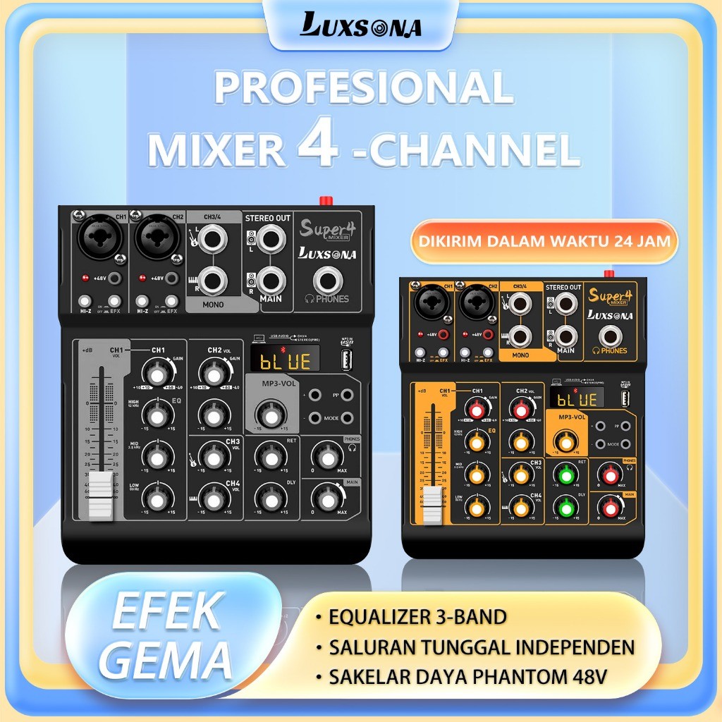 PIXELBYTE Mixer profesional 4 channel built-in EQ 16DSP Bluetooth/mixer audio digital mini/USB PC MP