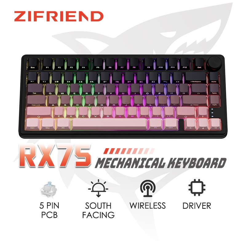 ZIFRIEND RX75 PRO Wireless Keyboard 5PIN Hotswap Gaming Mechanical Keyboard 75% Layout with Driver